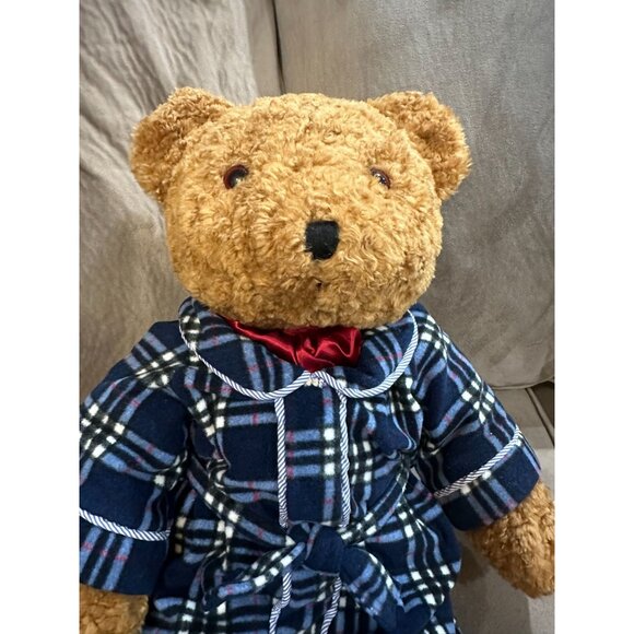 Plaid Pajama Teddy Bear Plush With Black Faux Fur Paws & Red Bow Tie 14 Inches - Picture 8 of 11